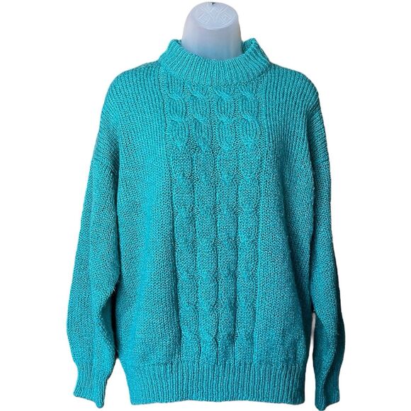 Vtg 80s Bristol Court Green Mock Neck Cableknit Grandma Sweater Sz M Chunky Knit - Picture 1 of 9